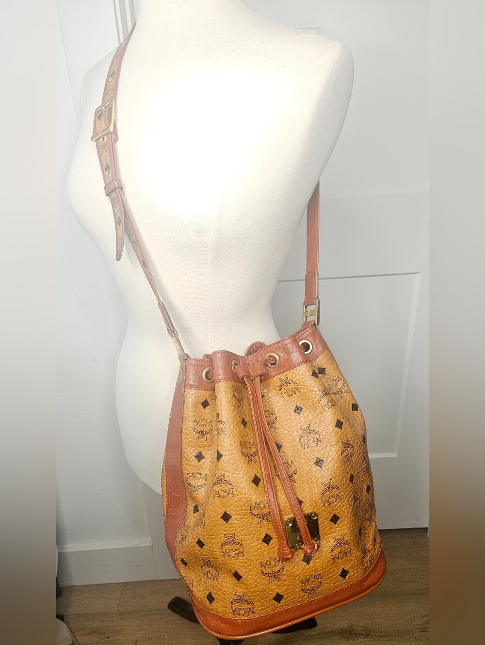Authentic MCM Visetos Cognac Drawstring Bucket Crossbody Bag Leather Handmade